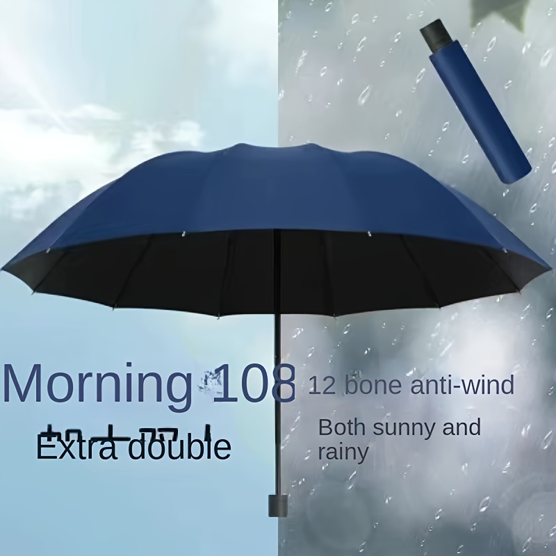 Paraguas plegable súper grande acanalado, resistente al viento e impermeable, refugio para la lluvia Pongee 170T reforzado, mango de goma, varillas de hierro, 12 nervaduras: Verde