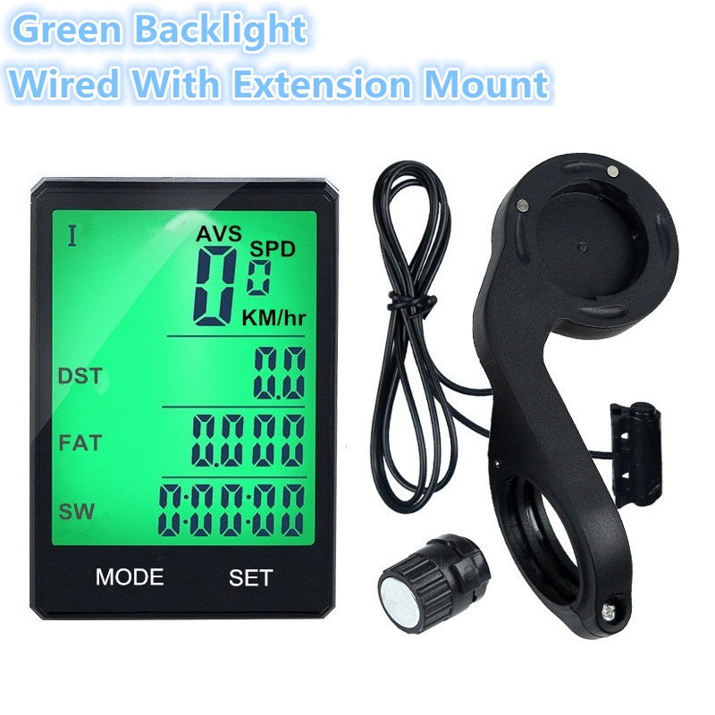 INBIKE Mountain Fiets Computer 2.8 Inch Groot Scherm Fiets Digitale Snelheidsmeter Waterdichte Draadloze Fietsen Meetbare Stopwatch: Green Wired Mount