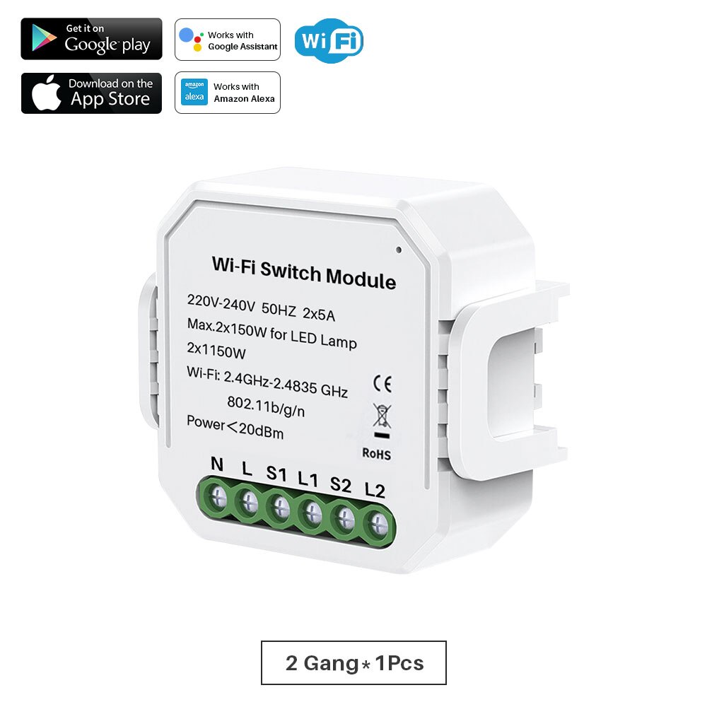 Wifi Smart Switch Module 1 Gang/2 Gang Two Way 10A 2300W Tuya Smart Leven App Afstandsbediening groep Controle Timer Werkt Met Alexa: 2Gang-1Pcs