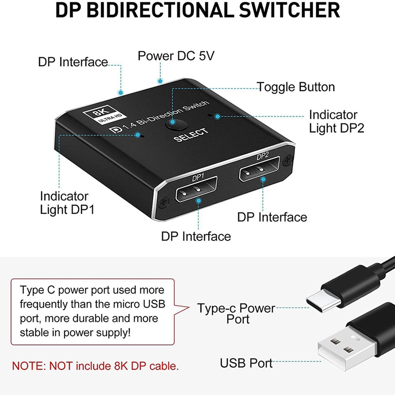 A19f-8k displayport-svitsj 2 i 1 ut / 1 i 2 ut displayport dp-svitsj støtter 8k 30hz 4k 120hz til pc-skjerm, bærbar pc osv.