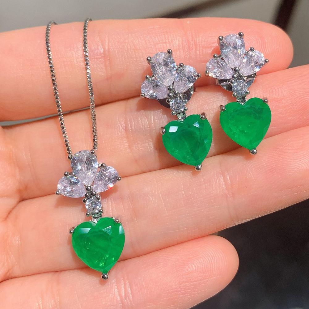 Creato Paraiba cuore Verde Smeraldo Della Pietra Preziosa Dei Monili impostato per Le Donne in Argento 925 della vite prigioniera di colore Orecchini Collane del pendente per I Regali di Nozze