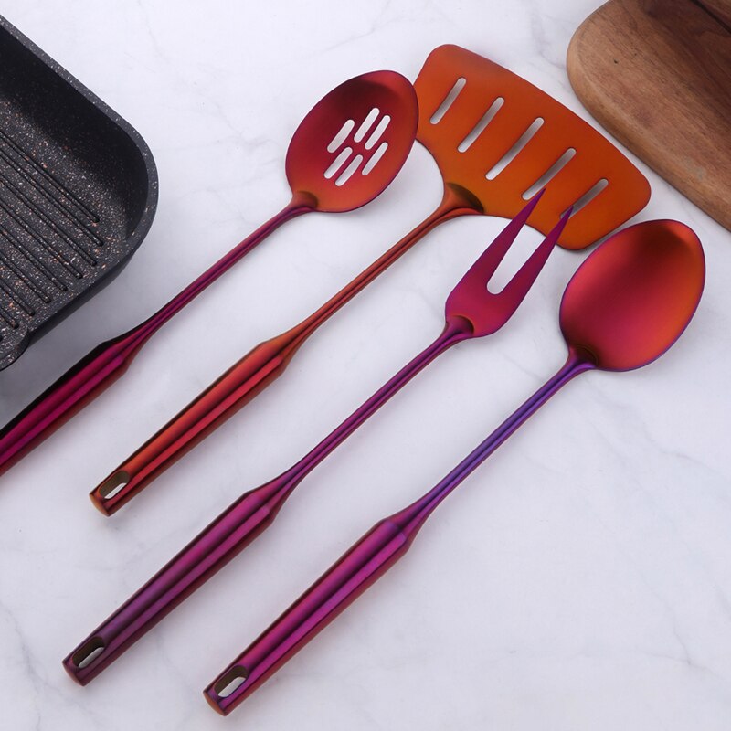 1/4 pcs Rose Gold Kitchen Accessories Gold Matt Utensil Stainless Steel kitchenware Long Service Spoon Fork Fish Cooking Tool: Rainbow NO.3-4pcs