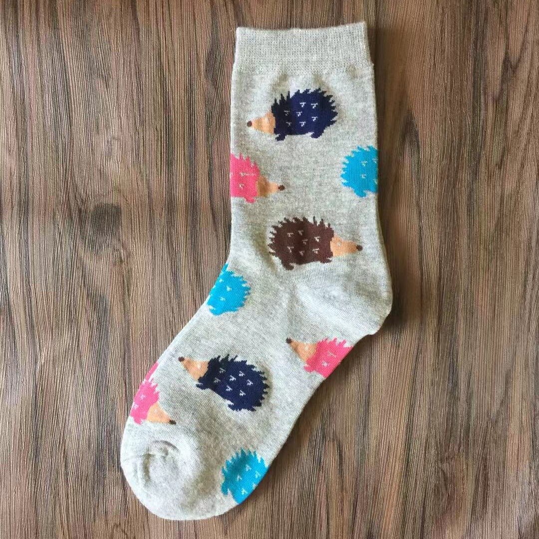 Cartoon Hedgehog Pattern Woman Socks Cotton for Spring Summer Harajuku Style Funny Socks Women 41102: Gray