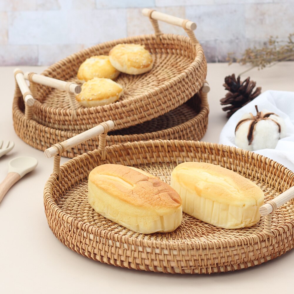 Ronde Rotan Lade Brood Mand Fruit Taart Plaat Dienblad Houten Storag Servies Rieten Trays Met Handvat Decoratie