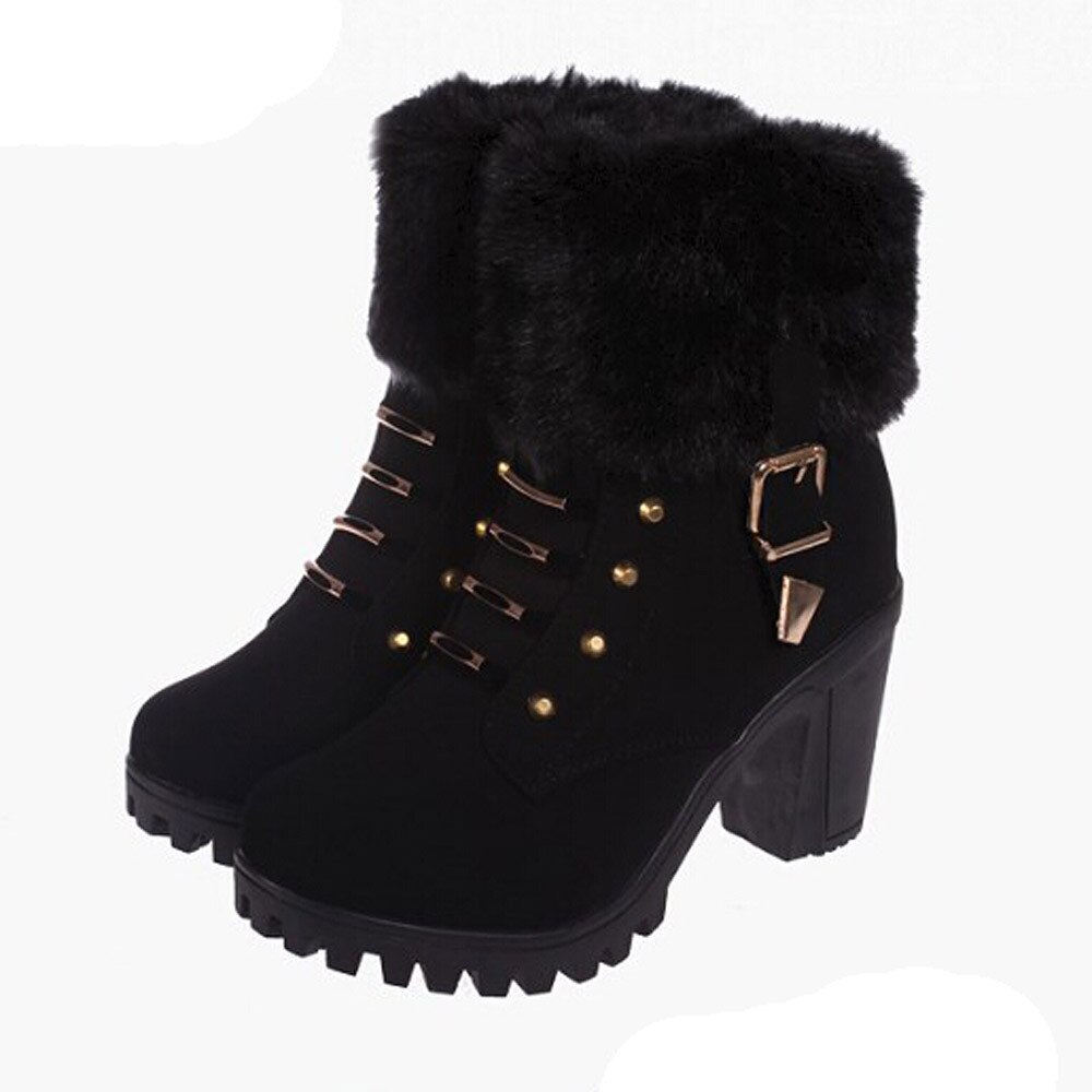 Bottines à plumes pour femmes, chaussures de bureau à talons carrés de 35 à 41m, , grande taille: Black / 5