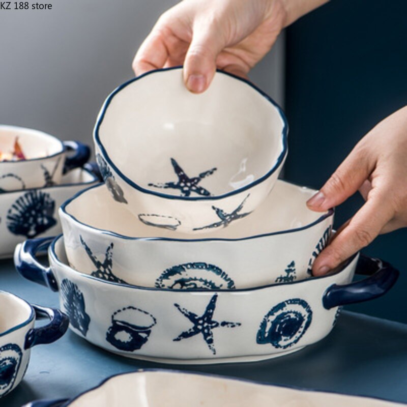 Nordic Ocean Style Ceramic Plates Set Baking Pan Household Dishes Binaural Square Round Cheese Baked Rice Bowl Retro