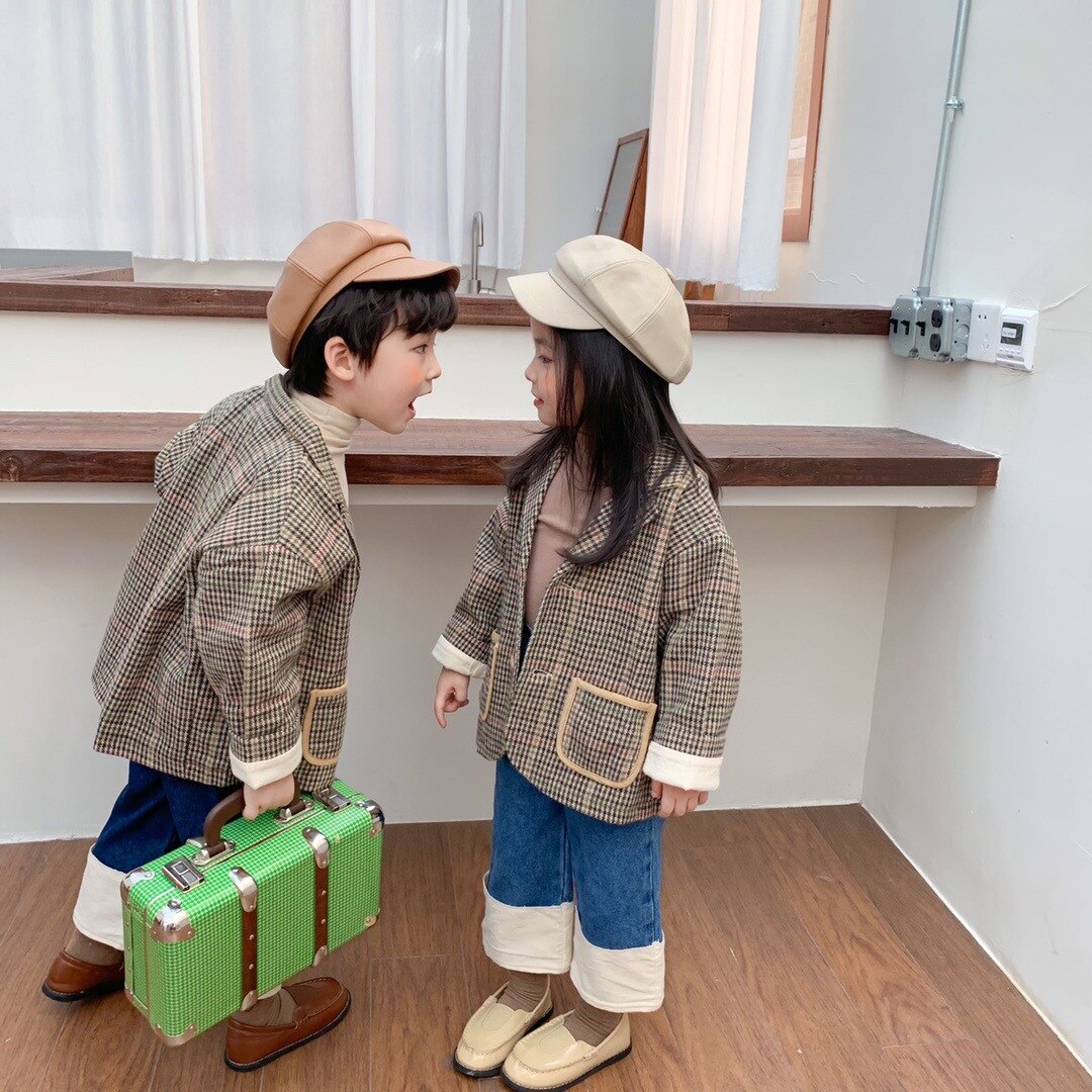 Efterår koreansk stil børn retro uldne plaiddragt frakker drenge piger løse jakker 1-7y