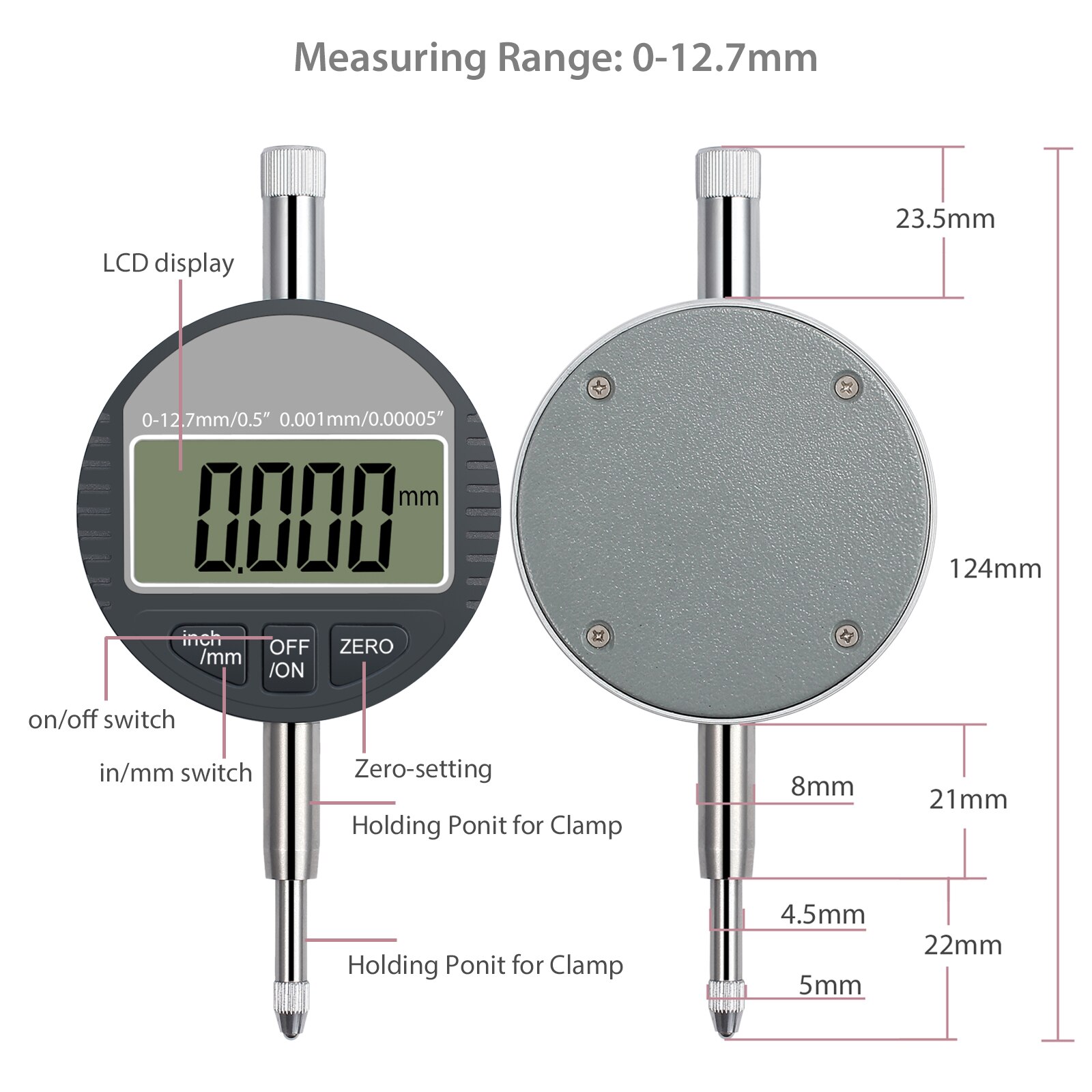 TANiCE DTI Digital Dial Indicator 0.001/0.00005'' Dial Test Indicators Digital Probe Indicator Dial Test Gauge Range 0-12.7mm