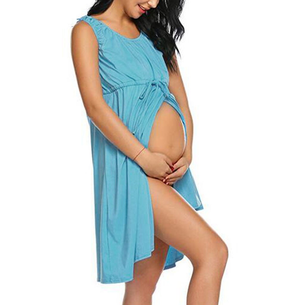 LONSANT Maternity dress Ladies solid lacing Split Dress Pregnant Women nursing casual clothes pretty Maternity Dress
