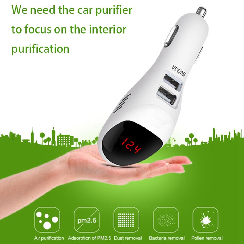 Auto luchtreiniger 12v 24v negatieve ionen luchtreiniger ionisator luchtverfrisser auto digitaal display dubbele usb autolader zwart