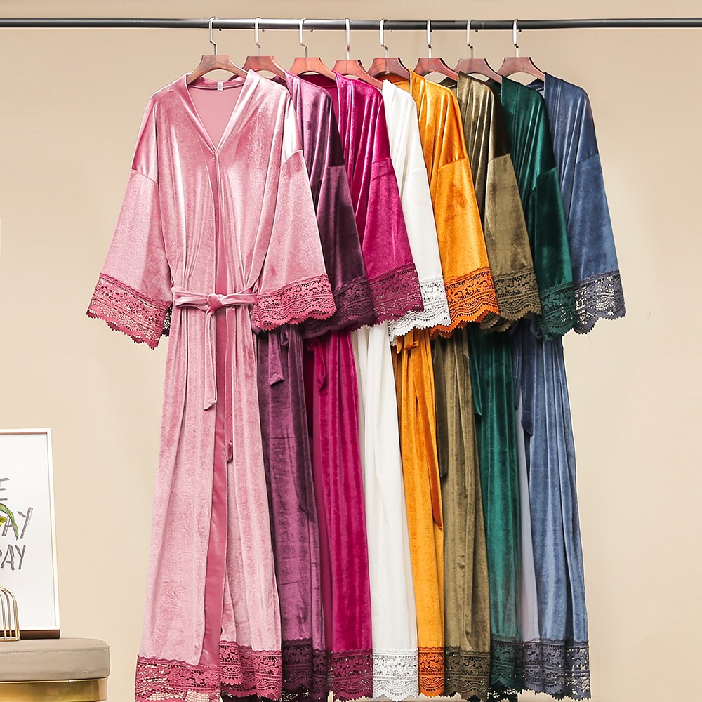 Długi jednokolorowy aksamitny szlafrok dla kobiet szata druhna szaty koronki wykończenia aksamitna szlafrok kimono suknia ślubna czarny aksamit winterrobe