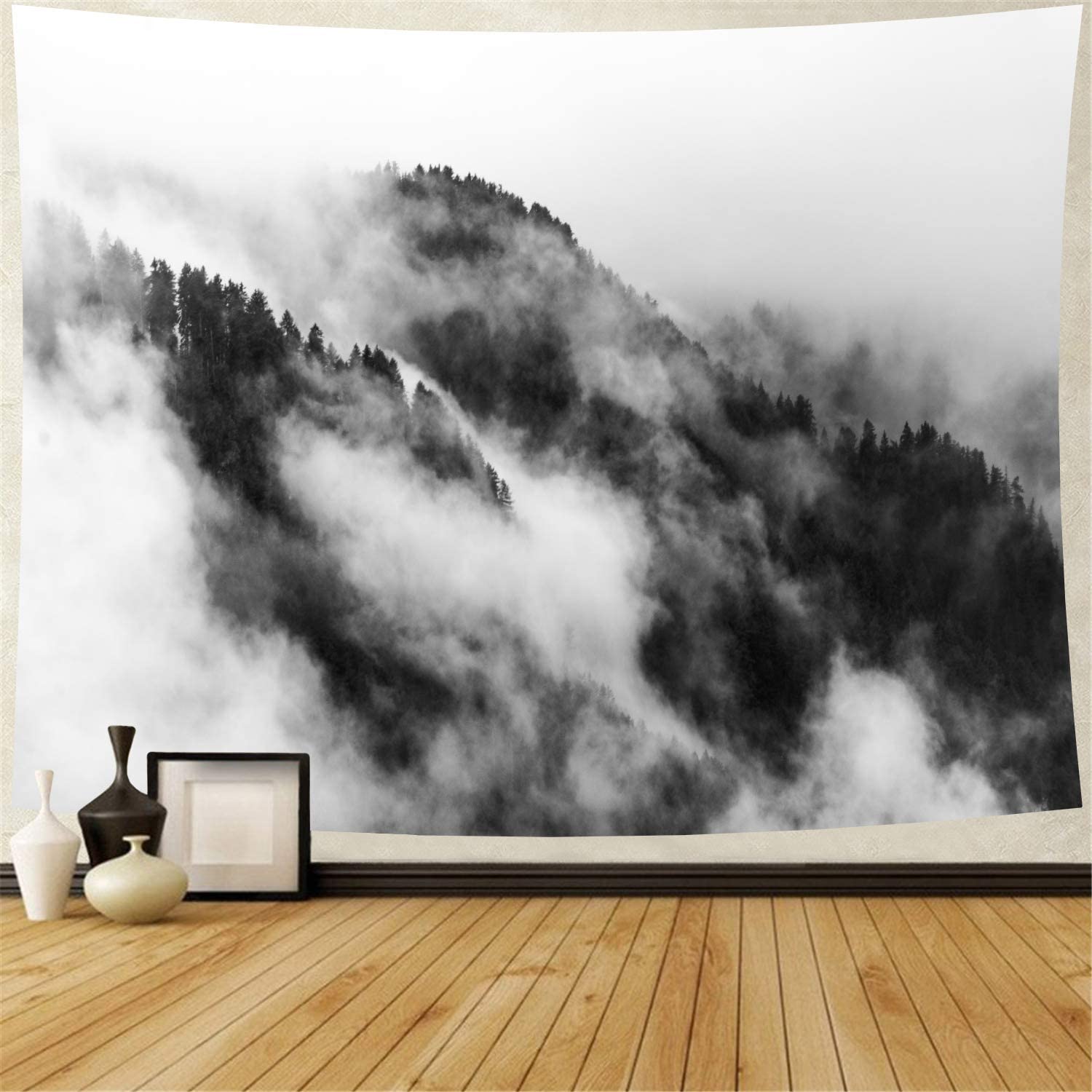 Misty Forest Mountain Black White Tapestry Wall Hanging Fantastic Fog Magical Tree 3D Vision Nature Landscape Blanket Farmhouse