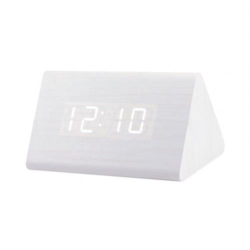 Digital Wooden USB LED Night Light Alarm Clock Thermometer Display Timepiece: Whitewood White