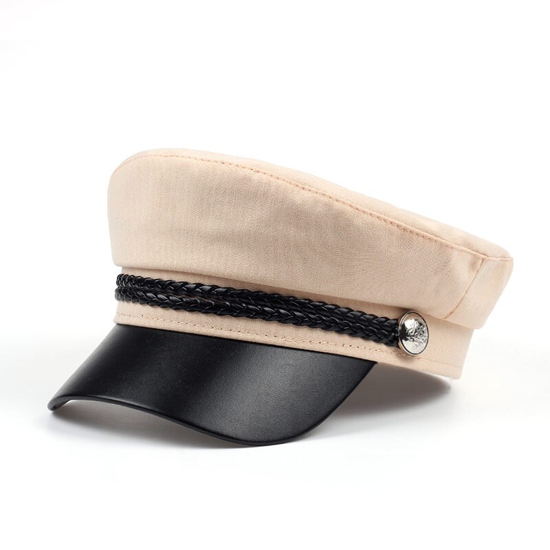 2019 chapeaux pour femmes, printemps, 100%  chapeaux en coton bleu marine, cuir noir, couronne fixe, boucle argentée, chapeau chaud d'hiver, bérets, casquette: Beige