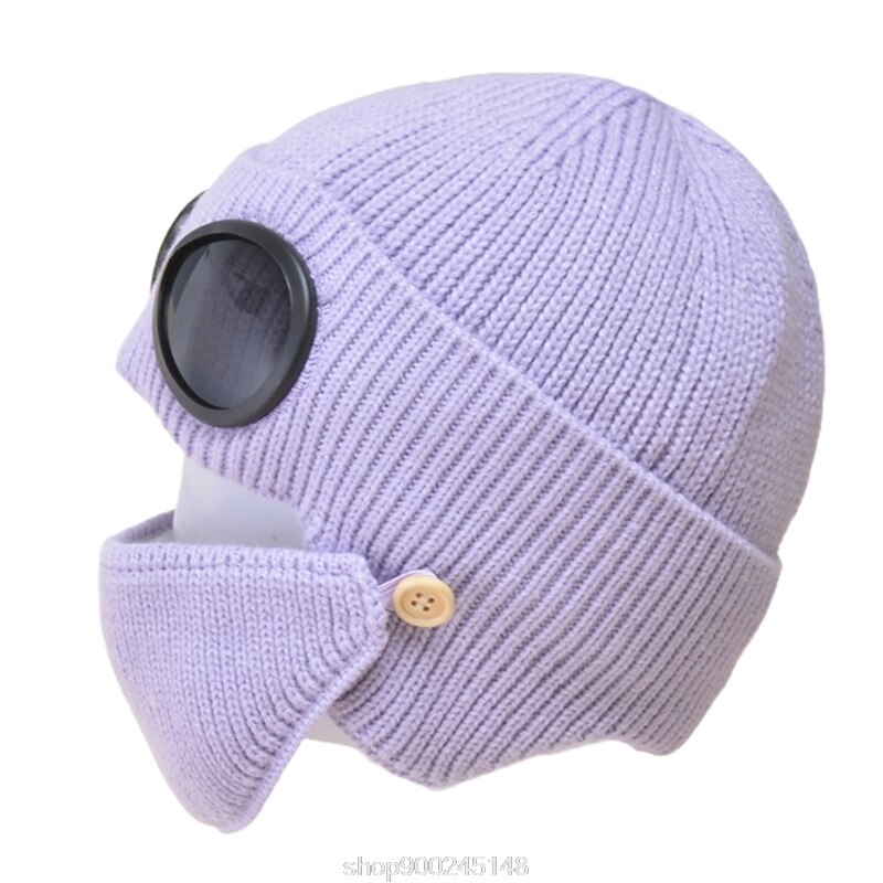 2 In 1 Ribbed Knit Beanie Hat Mouth Mask Set Warm Windproof Snow Cuffed Earflap Cap with Glasses Goggles N03 20: Purple