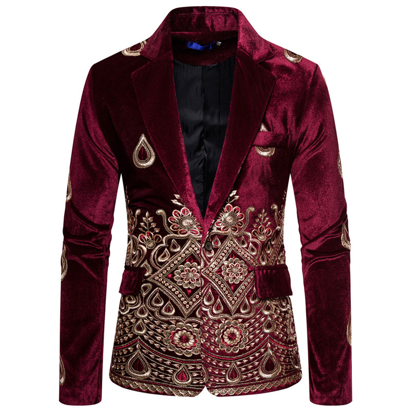 Shenrun Mannen Blazers Winter Jassen Fluwelen Mode Borduren Jasje Stadium Jurk Zanger Gastheer Muzikant Kostuum Zwart Blauw Rood: Wine Red / M