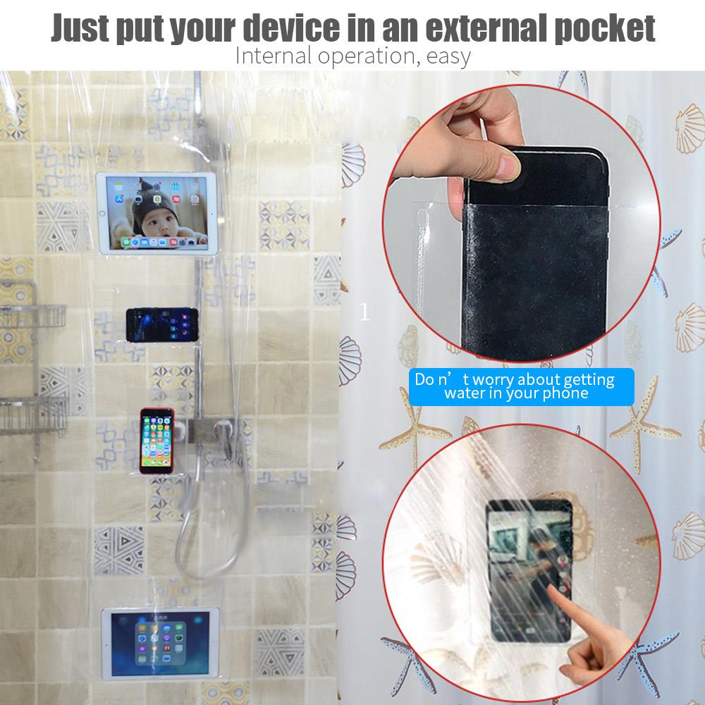 Waterproof Shower Curtain with Pocket for Touchscreen Devices Multi-functional Clear Shower Curtain Phone Tablet Holder Bathroom