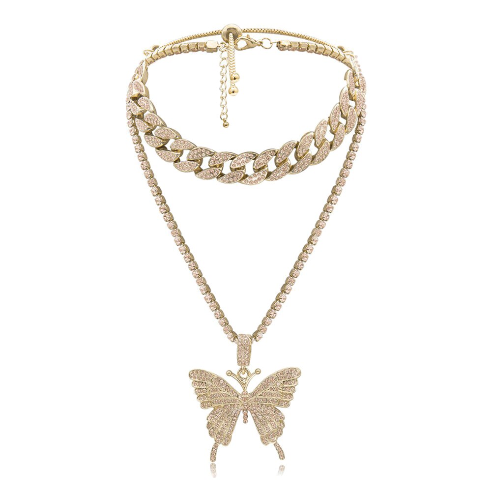 Vrouwen Mode Punk Stijl Rhinestone Vlinder Hanger Collier Sieraden: Golden