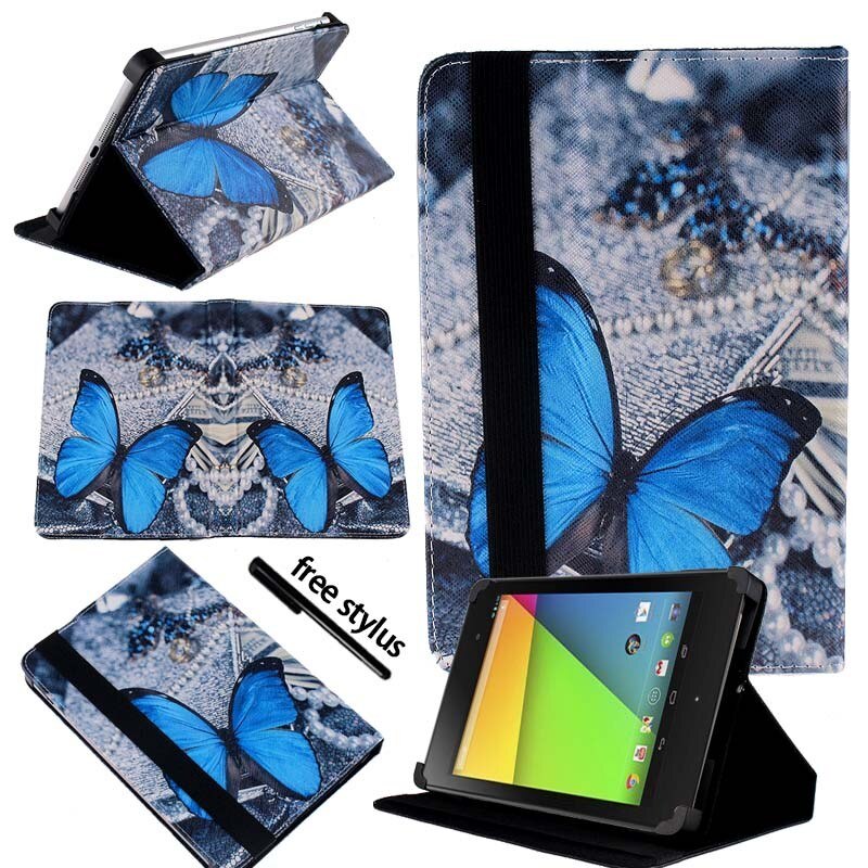 KK & LL Für Google Nexus 7 (1st 2th, Gen Gen ) -leder Tablet Ständer Folio Abdeckung Fall + Freies stylus: Blue Butterfly