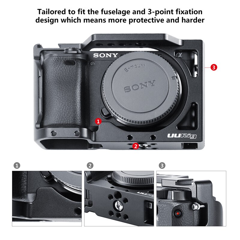 Uurig  r008 a6400 vlog bur sak vlogging metall sak til sony  a6400 med kald sko til mikrofon dslr kamera bur 1/4 3/8 skrue