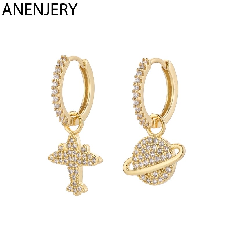 Anenjery 925 Sterling Zilveren 6 Stuk Oorbellen Sets Parel Mozaïek Zirkoon Vliegtuig Ster Maan Universe Oorringen Sets Voor vrouwen