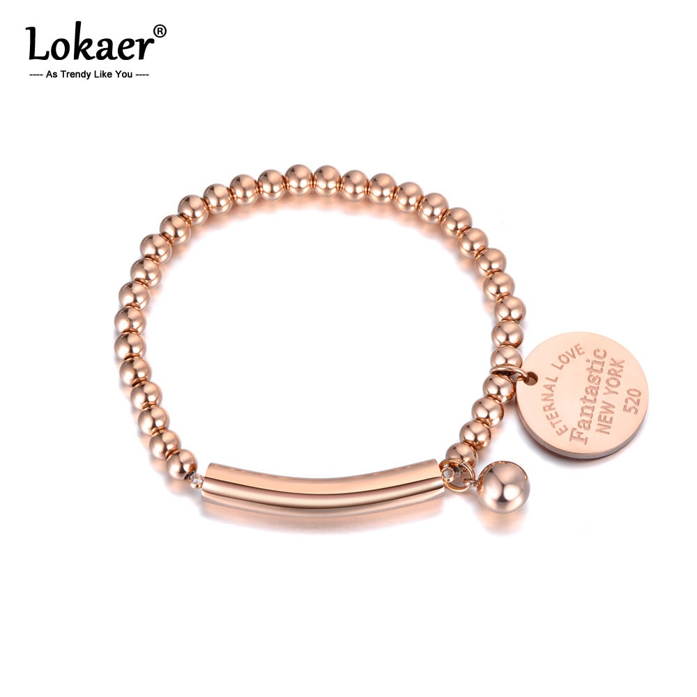 Lokaer Titanium Rvs Elleboog & Bal & Tag Charm Armbanden Voor Vrouwen Meisjes Rose Goud Chain & Link Kralen armband B19071