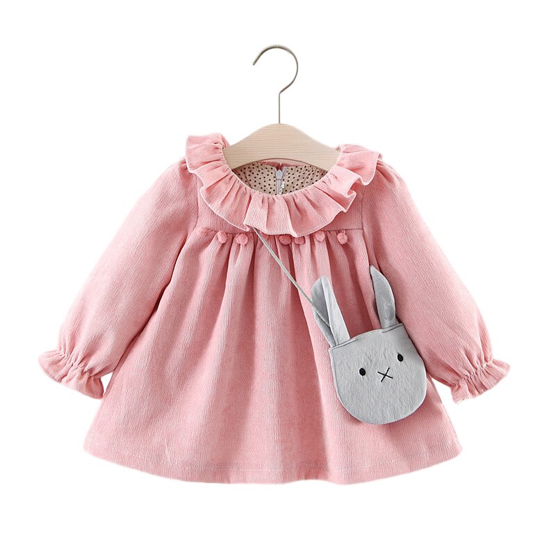 Primavera autunno bambino ragazza vestire abbigliamento per bambini puro cotone a maniche lunghe tinta unita tunica base abito da principessa borsa regalo gratuita: Colore rosa / 18-24M