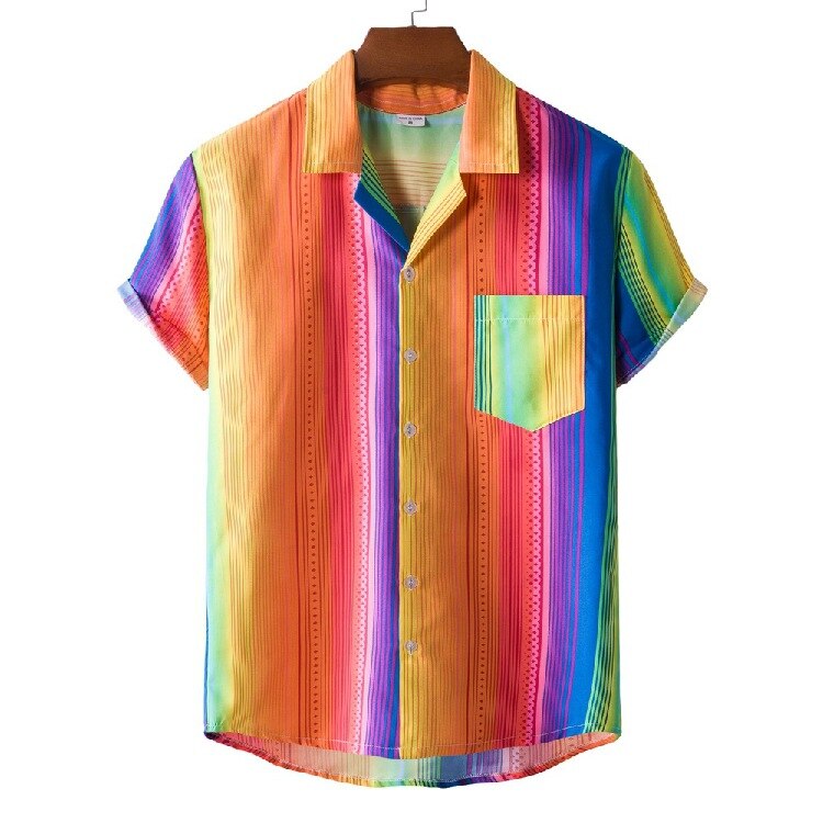 Rainbow Striped Shirts Men Beach Hawaiian Casual Mens Shirt Oversized Camisas Daily Harajuku Short Sleeve Streetwear: XXL