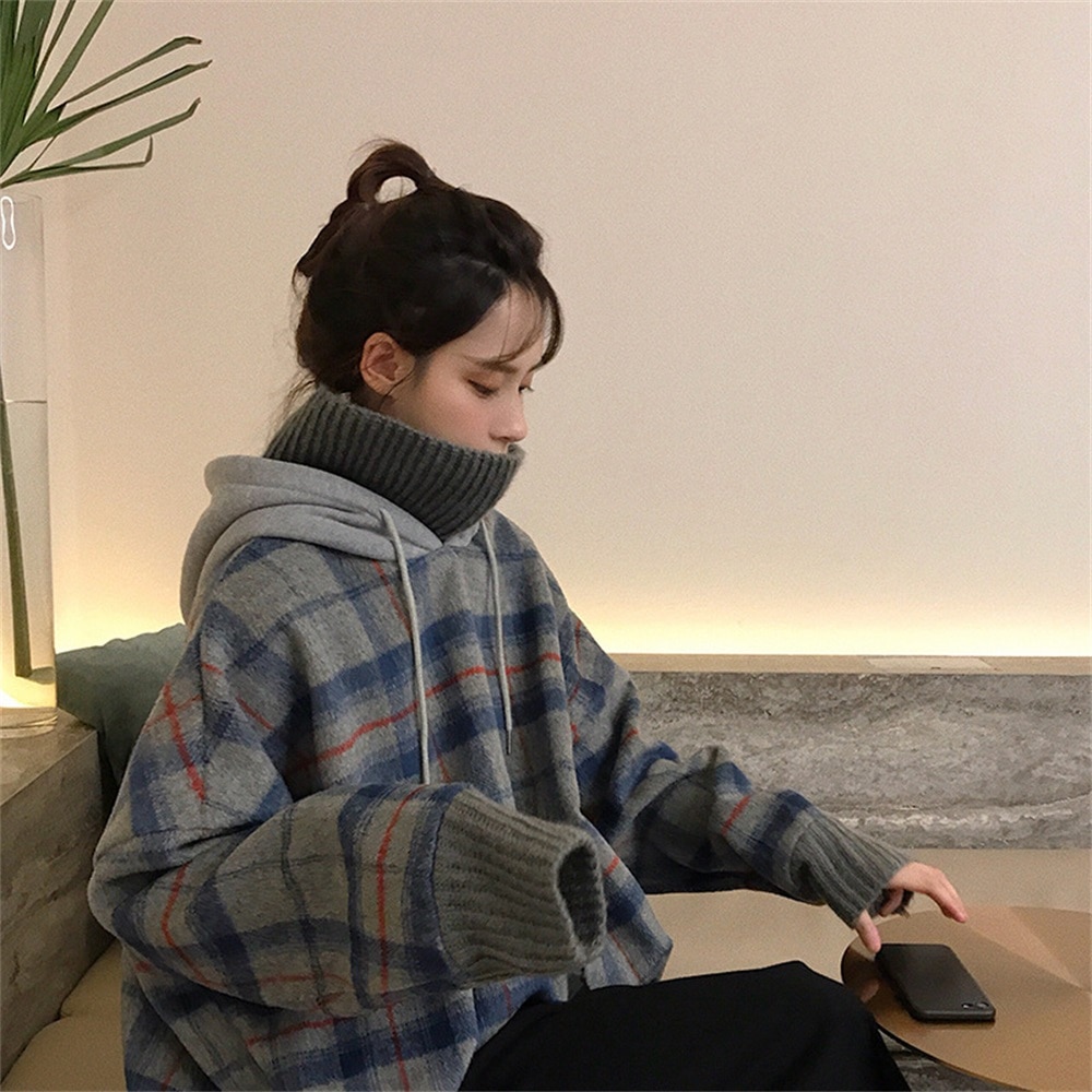 Kpop sweat à capuche haut pour femme Plaid à manches longues faux deux pièces col haut pulls sweat femmes hiver Pastel vêtements sweats à capuche chauds