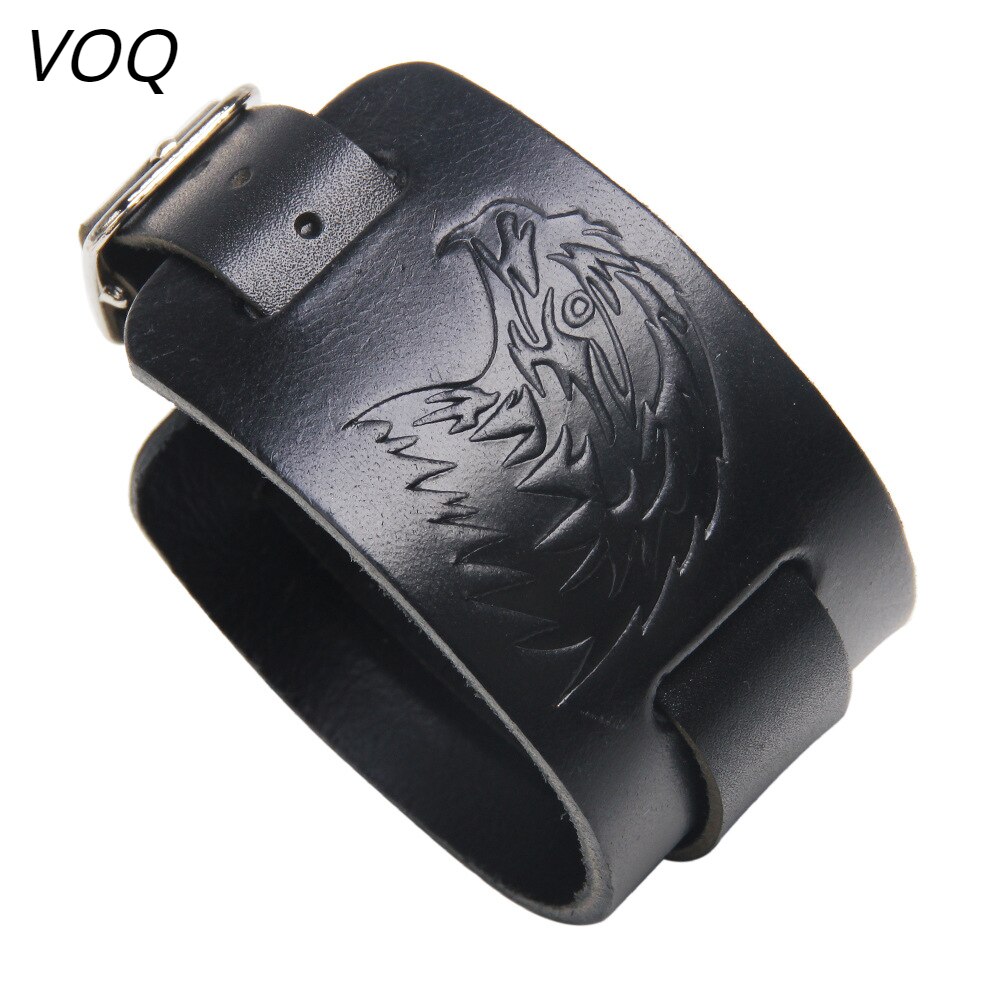 Voq Punk Reliëf Ambachtelijke Adelaar Hoofd Armband Mannen Wide Lederarmband 2021New Creatieve Sieraden