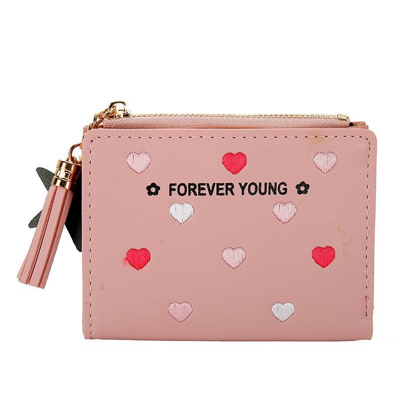 Wallet Women Newest Heart Tassel Leather Wallet Female Wallet Zipper Solid Lady Purse Card Holder Bag: light pink