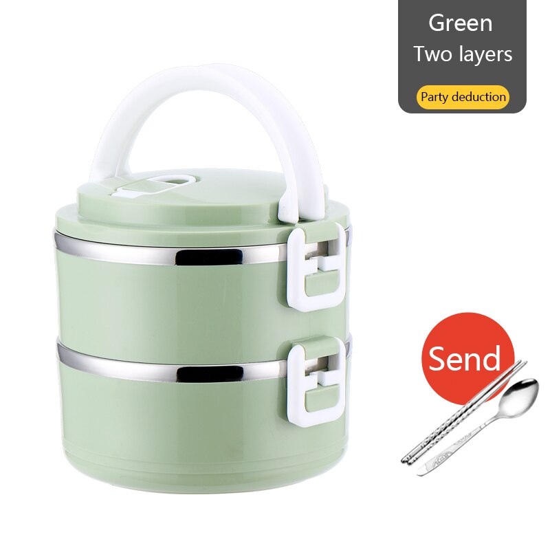Container Stainless Steel Thermal Lunch Box Layers Sealed Grid Hidden Hand Tableware Students Adult Lunch Box: Square buckle double layer Northern Europe green  with stainless steel chopsticks and spoon