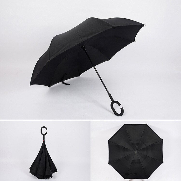 Windproof Reverse Folding Double Layer Inverted Umbrella Self Stand umbrella rain/sun women/men flowe durable: black