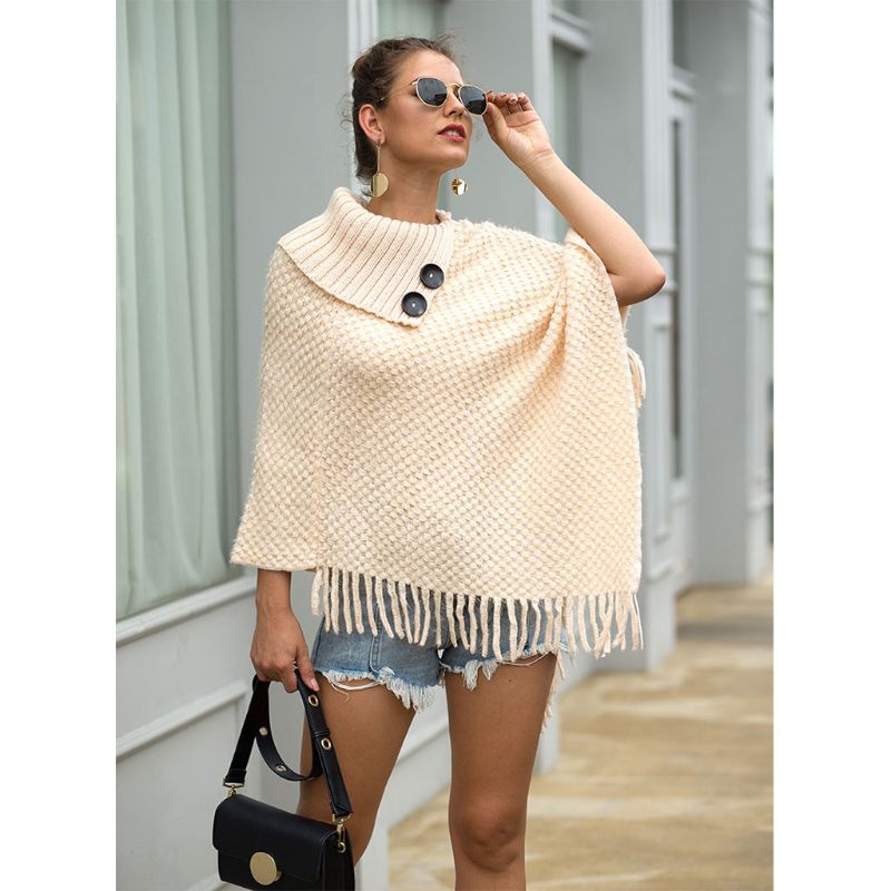 Women Knitted Pullover Sweater Top Half Opened Collar Buttons Warm Shawl Wrap Fringe Tassels Hem Solid Color Poncho Cape