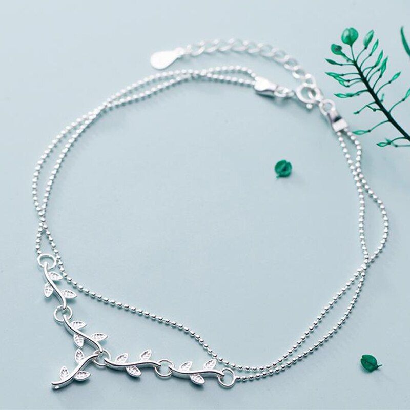 Branches Leaves Anklet 925 sterling silver Leaf Double layer Bead Leg Chain Ankle Bracelets for Women Girl Sandals Foot Jewelry