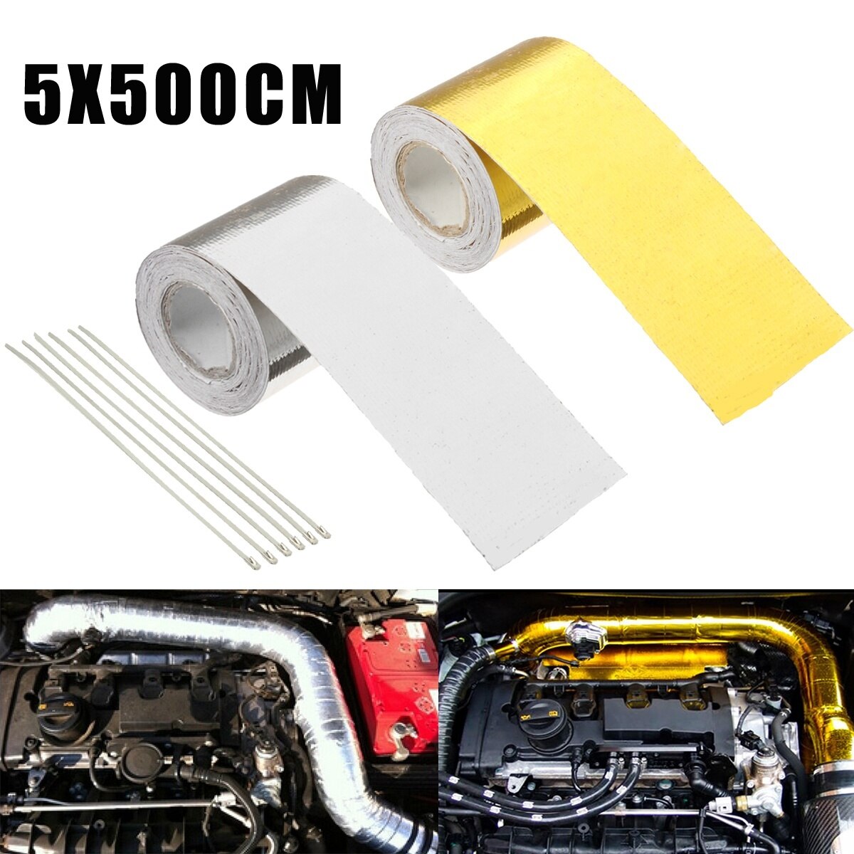5m*5cm Car exhaust pipe Thermal insulation tape Aluminum Foil Tape Automotive Exhaust Pipe Decorative Tape Heat Shield Wrap Tape: Gold