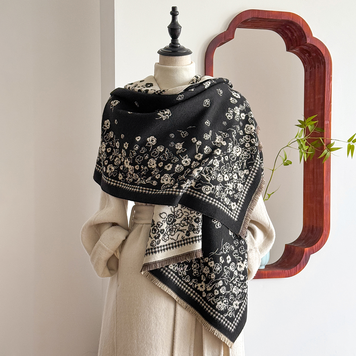 Bufanda manta de invierno de de de lujo, chales para mujer, Pashmina cálida con estampado de lunares y encaje, envoltura grande nueva