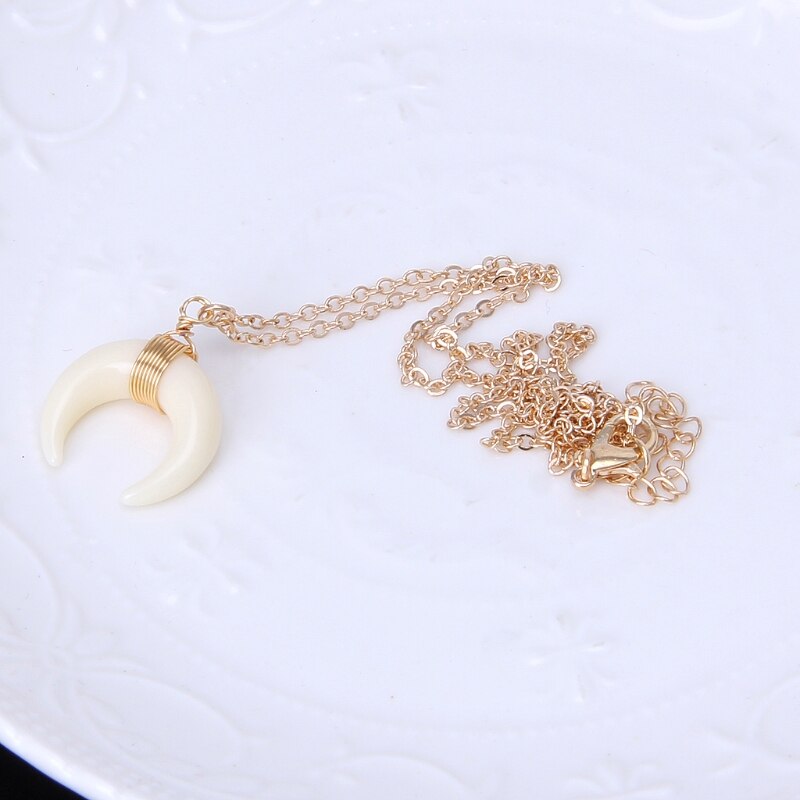 Ivory Bone Double Horn Necklace Crescent Moon Chokers Pendant Necklace For Women