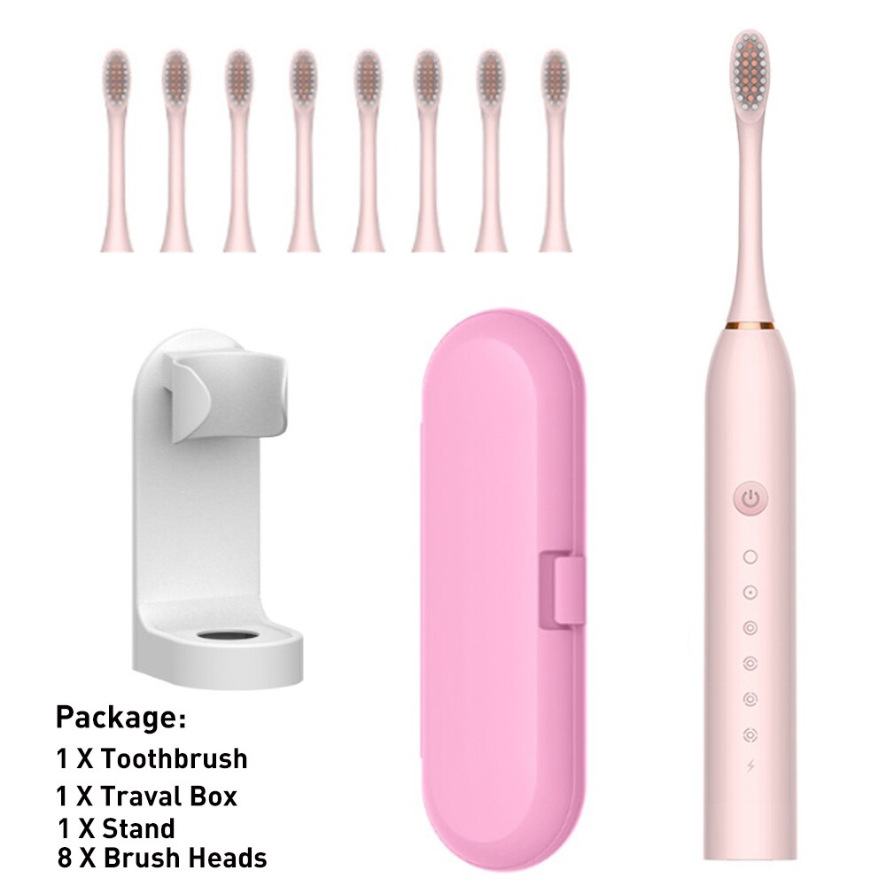 Rechargeable Sonic Electric Toothbrush Adult Timer Brush 42000 time/min Ultrasonic Washable Electronic Whitening Teeth Brush: Pink B Sets