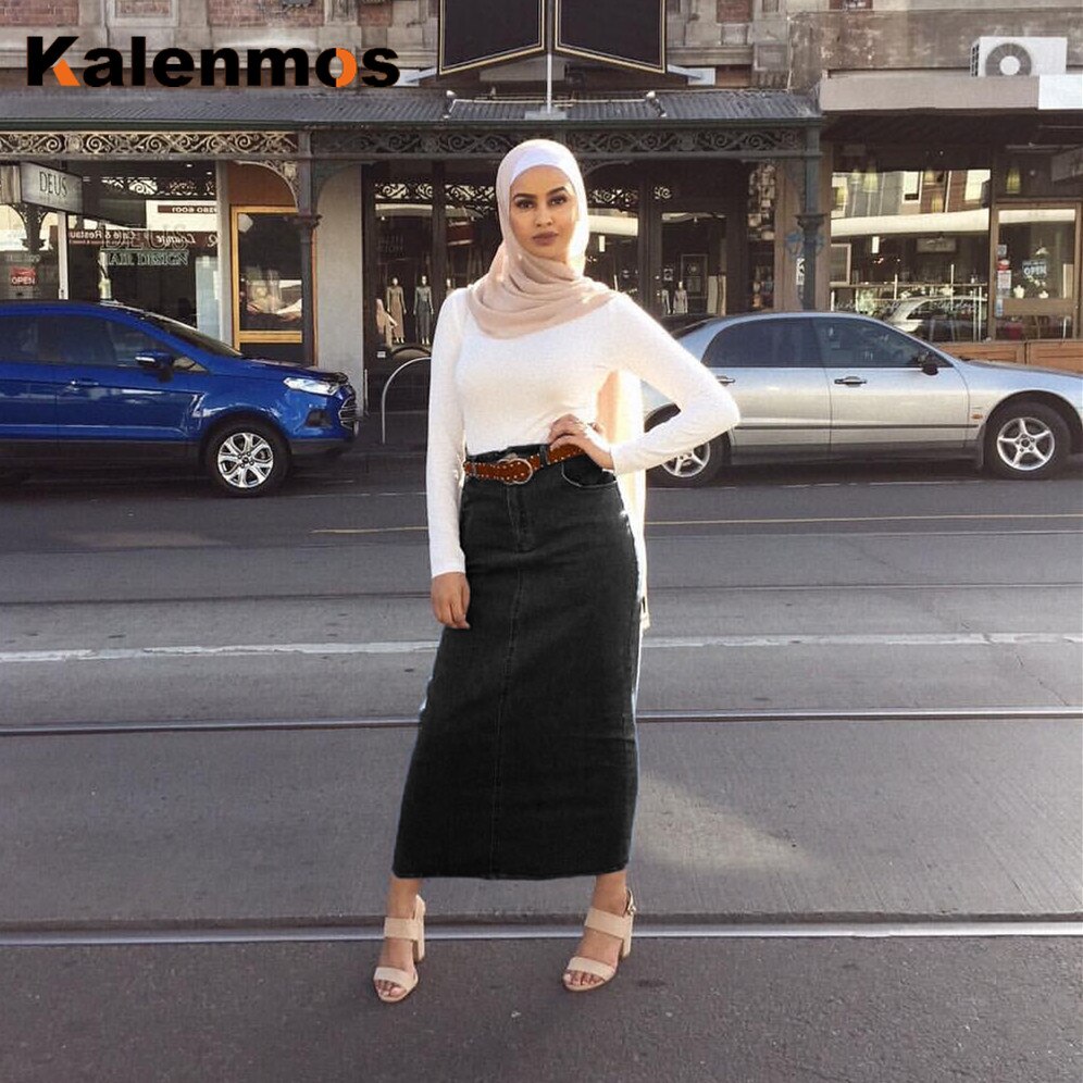 Jeans Felsen Frauen Bleistift Dubai Muslimischen Geschmack Hohe Taille Bodycon Denim Lange Röcke Nahen Osten Türkische Abaya Islamische Kleidung
