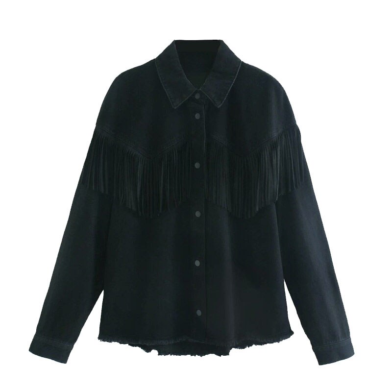 TRAF-chaqueta vaquera holgada con flecos para mujer, chaqueta con flecos deshilachados, de manga larga, Estilo Vintage: M