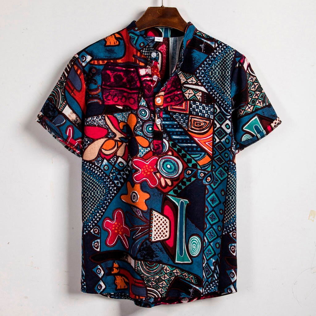 Breathable Linen Men Shirt Vintage Ethnic Printed Stand Collar Short Sleeve Streetwear Tops Loose Men Beach Hawaiian Shirts