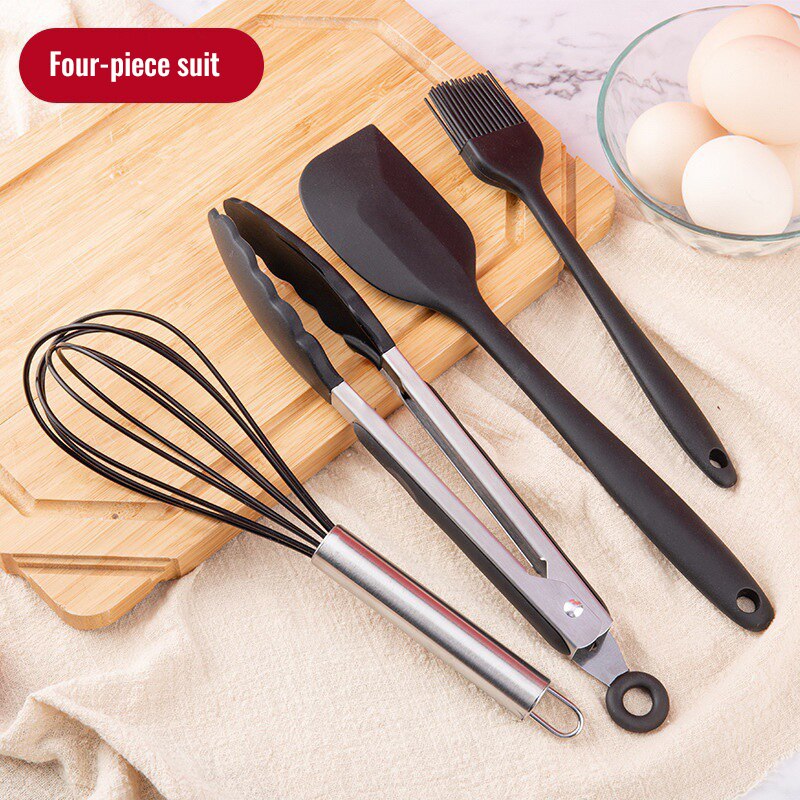 Black Silicone Kitchenware Set Utensils Cooking Tools Non-Stick Spatula Spoon Colander Baking Supplies Kinds Kitchen Tools: NJG009-C4pcs