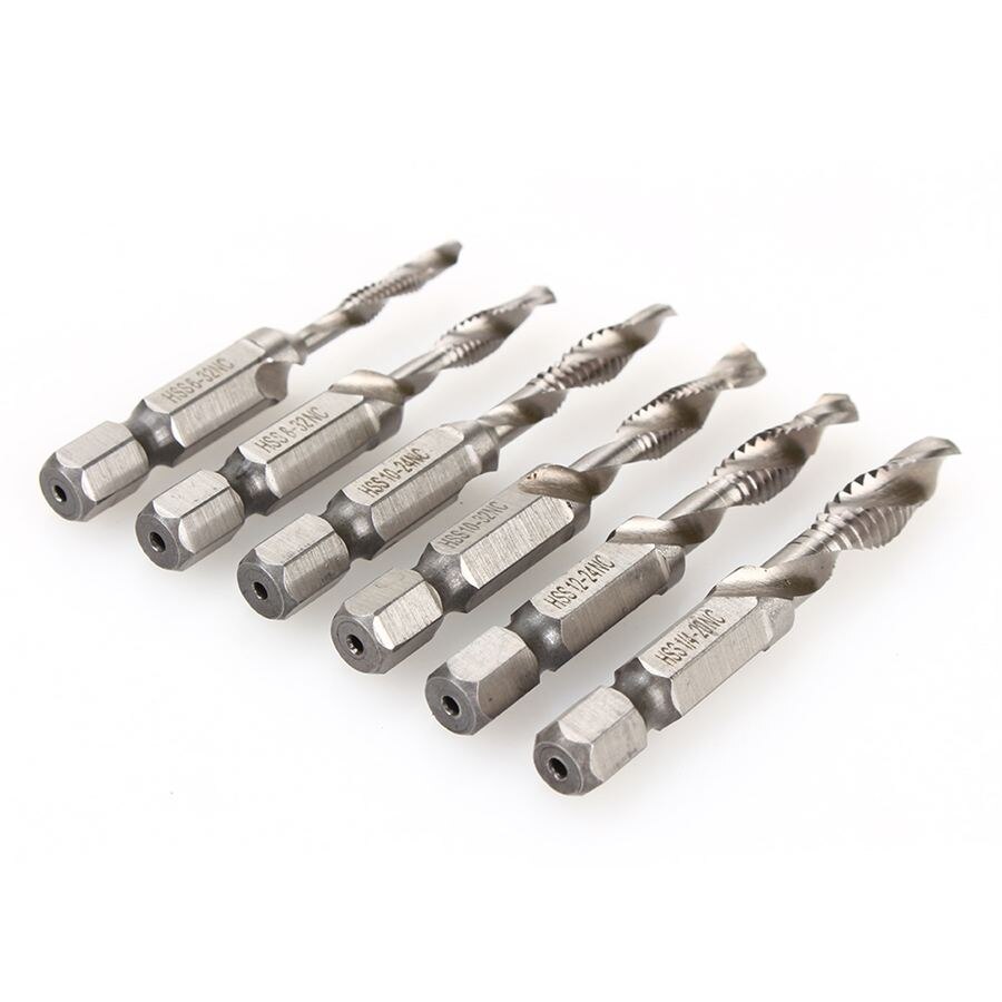 6pcs SAE Drill Tap Combination Bit Set Deburr Countersink Hex Bit HSS 1/4 Shank Combination Drill Tap Bit Tapping Deburring