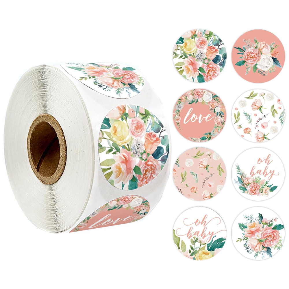 500 Pcs Roze Bloem Stickers Rolls Voor Liefde Oh Baby Leuke Stickers Etiketten Voor Wedding Party Scrapbooking Enveloppen Seal Stickers