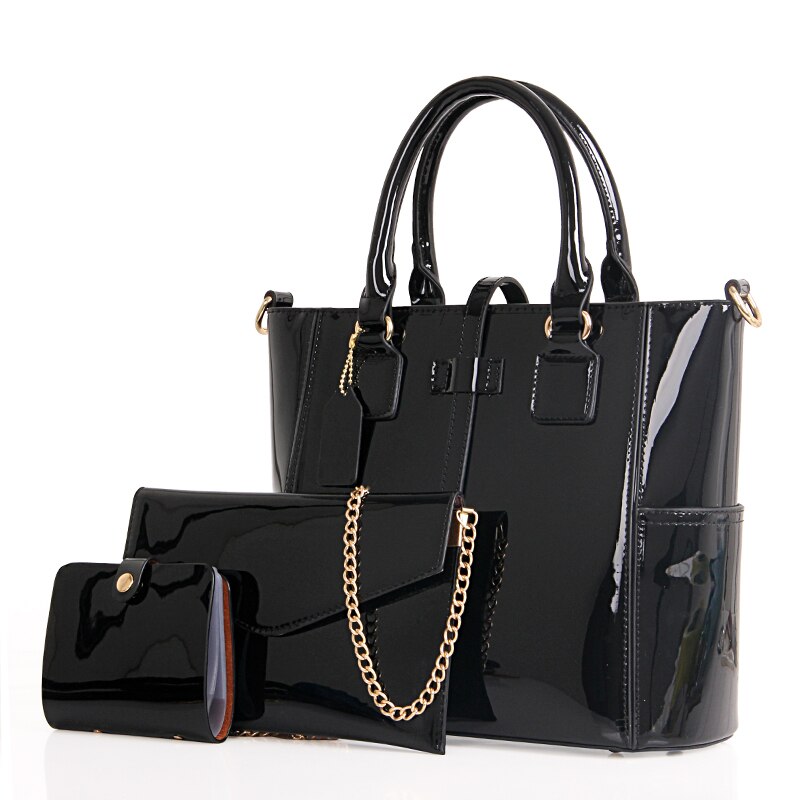 Casual Large Capacity 3 In 1 Tote PU Leather Shoulder Bags for Women Solid Color Handbag: Black