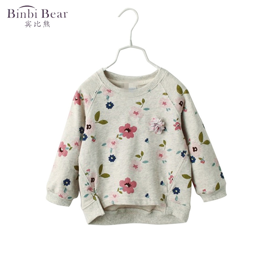 Binbi bjørn efterår og vinter piger langærmet t-shirt bund skjorte friske blomster rund hals kvindelig baby sweater