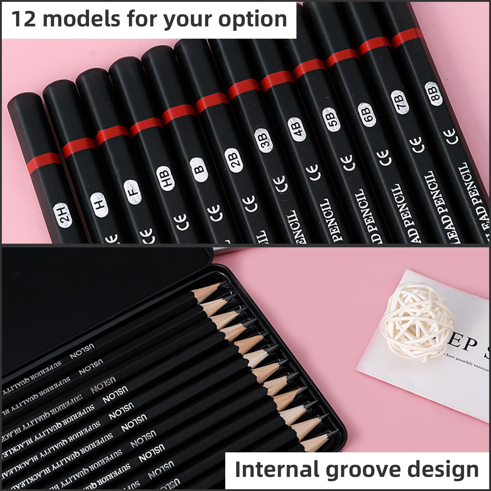 12pcs 2H-8B Wooden Sketch Lead Pencils Smooth Use Drawing Journal Writing Pencils with Metal Storage Box