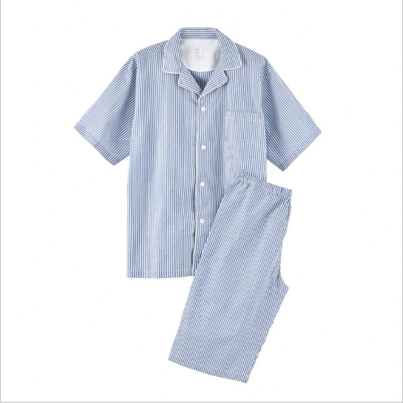 Conjunto de pijama a rayas para hombre, ropa de dormir informal de verano, 100% algodón, cárdigan con cuello vuelto, camisa y pantalones a media pierna