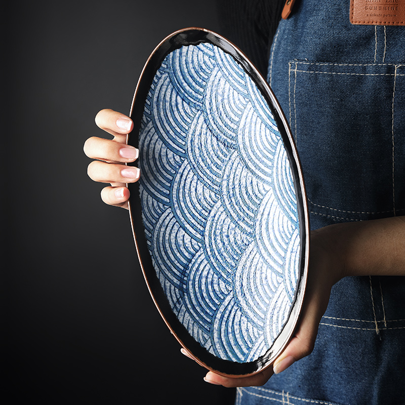 Hand-painted Japanese oval household ceramic long plate fruit plate shallow mouth salad plate dinner plate